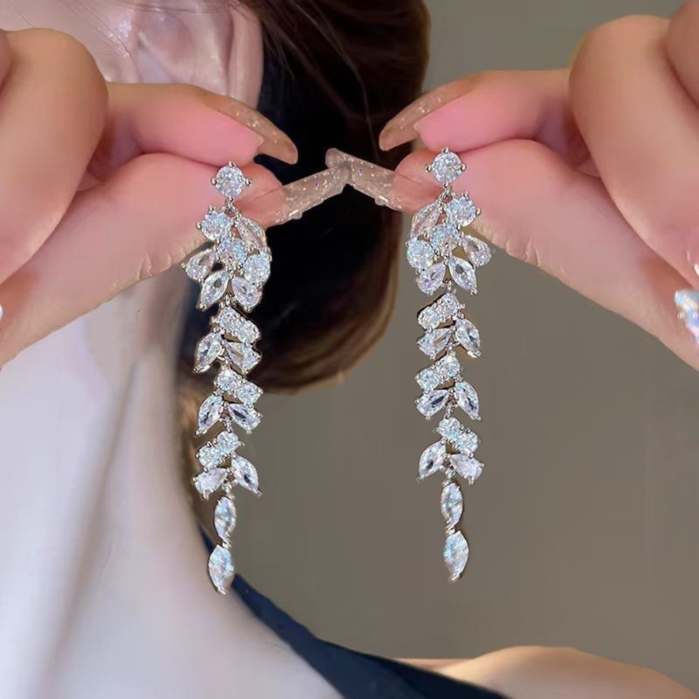 Sparkling Silver Leaf Dangle Earrings - image 1